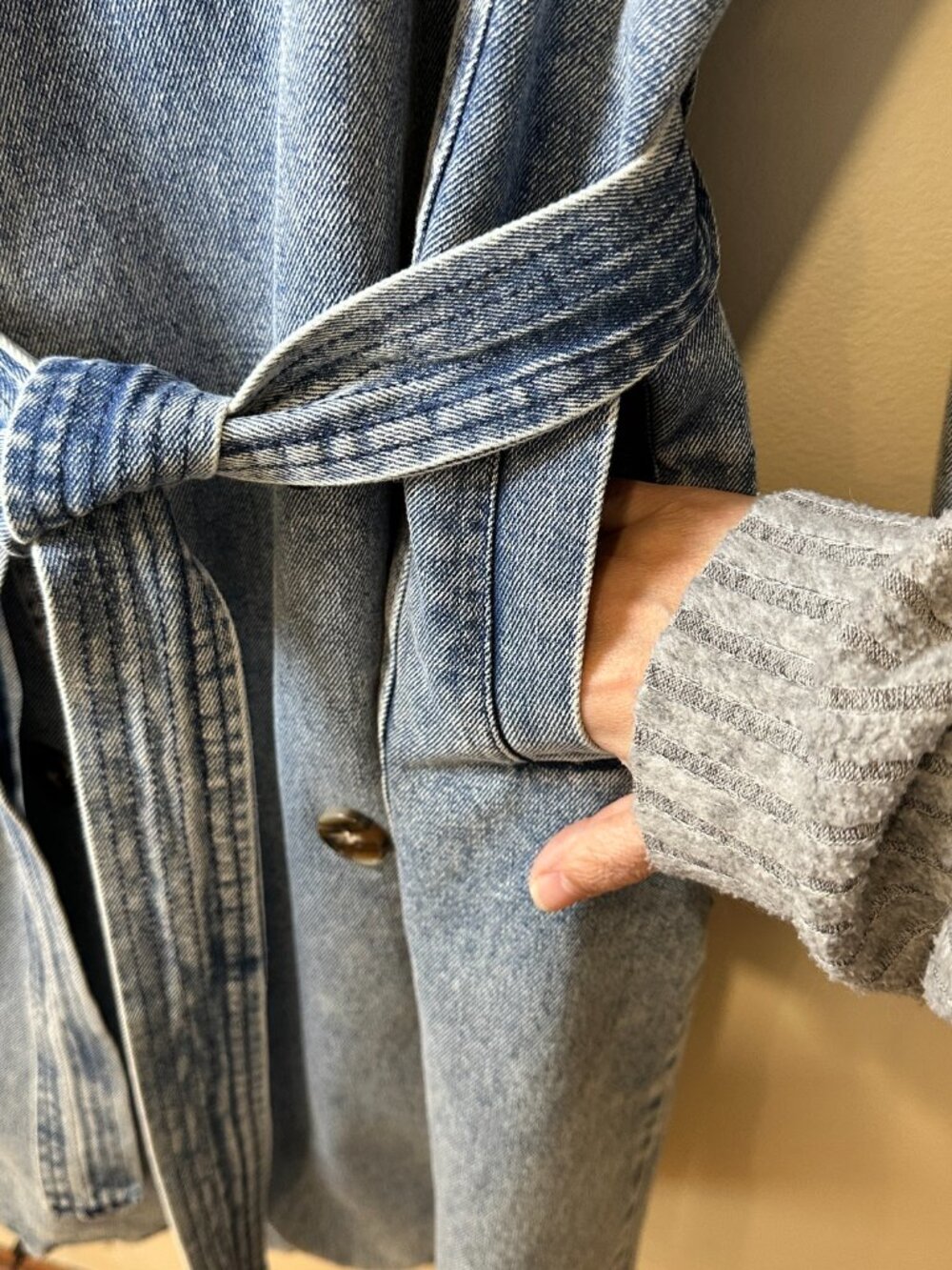 Stoosh Vintage Denim Jean Double Breasted Duster Trench Coat Light Wash Medium - Picture 8 of 10